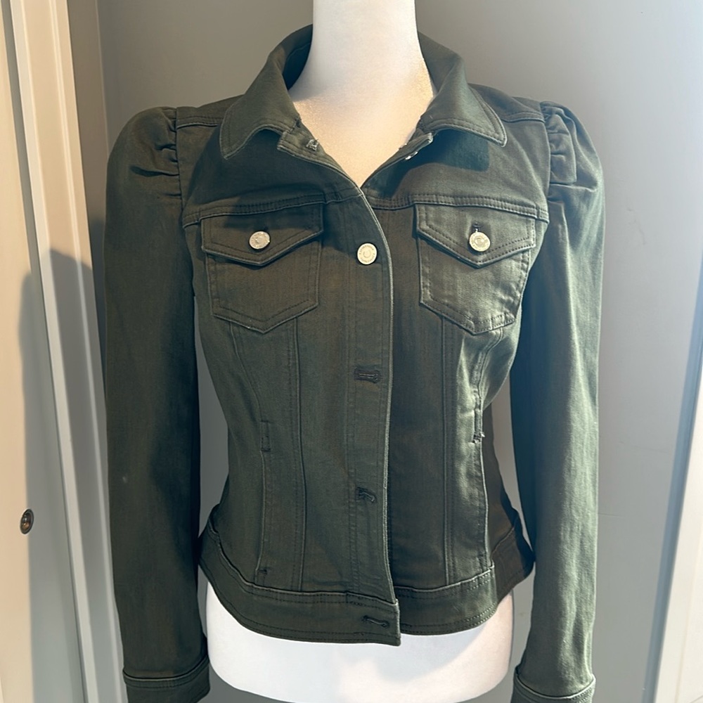 WHBM green puff shoulder denim jacket